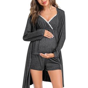 imageSWOMOG Womens Maternity Robe Set 3 Piece Nursing Pajamas for Breastfeeding 3 in 1 Labor Delivery Hospital Pregnancy Pjs GreyDeep Grey