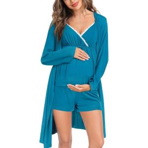 imageSWOMOG Womens Maternity Robe Set 3 Piece Nursing Pajamas for Breastfeeding 3 in 1 Labor Delivery Hospital Pregnancy Pjs GreyPeacock Blue