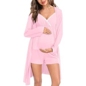 imageSWOMOG Womens Maternity Robe Set 3 Piece Nursing Pajamas for Breastfeeding 3 in 1 Labor Delivery Hospital Pregnancy Pjs GreyPink