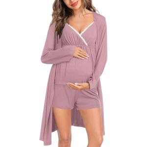 imageSWOMOG Womens Maternity Robe Set 3 Piece Nursing Pajamas for Breastfeeding 3 in 1 Labor Delivery Hospital Pregnancy Pjs GreyTaro Purple