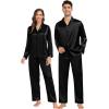imageSWOMOG Family Matching Pajamas Silk Satin Long Sleeve Sleepwear Soft Button Down Loungewear 2 Pcs Pj SetBlack