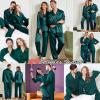 imageSWOMOG Family Matching Pajamas Silk Satin Long Sleeve Sleepwear Soft Button Down Loungewear 2 Pcs Pj SetDark Green