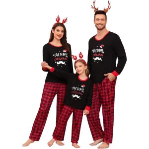 imageSWOMOG Adult Christmas Pajamas Buffalo Plaid Pajama Pants with Pockets Long Sleeve Tops for Couples ampamp FamilyBlack Merry Christmasplaid