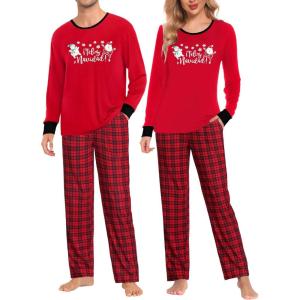 imageSWOMOG Adult Christmas Pajamas Buffalo Plaid Pajama Pants with Pockets Long Sleeve Tops for Couples ampamp FamilyRed Snowmanplaid