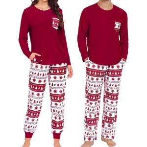 imageSWOMOG Adult Christmas Pajamas Buffalo Plaid Pajama Pants with Pockets Long Sleeve Tops for Couples ampamp FamilyWine Red Christmas Tree