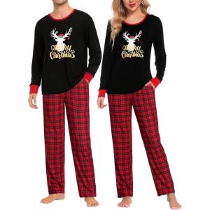 imageSWOMOG Adult Christmas Pajamas Buffalo Plaid Pajama Pants with Pockets Long Sleeve Tops for Couples ampamp FamilyXmas Reindeerplaid