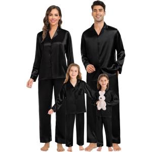 imageSWOMOG Family Matching Pajamas Silk Satin Long Sleeve Sleepwear Soft Button Down Loungewear 2 Pcs Pj SetBlack