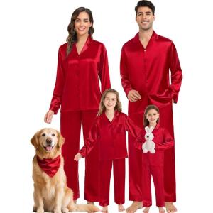 imageSWOMOG Family Matching Pajamas Silk Satin Long Sleeve Sleepwear Soft Button Down Loungewear 2 Pcs Pj SetRed