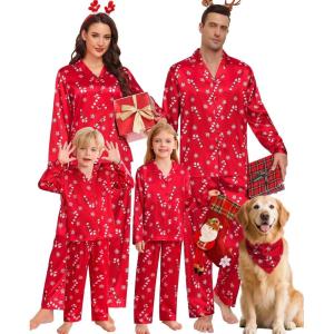 imageSWOMOG Family Matching Pajamas Silk Satin Long Sleeve Sleepwear Soft Button Down Loungewear 2 Pcs Pj SetRed Candy Cane