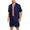 imageSWOMOG Men Silk Satin Pajamas Short Sleeve Pjs Set Button Down Sleepwear Soft Lounge Set Nightwear with PocketsDeep Navy Blue