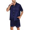 imageSWOMOG Men Silk Satin Pajamas Short Sleeve Pjs Set Button Down Sleepwear Soft Lounge Set Nightwear with PocketsDeep Navy Blue