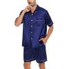 imageSWOMOG Men Silk Satin Pajamas Short Sleeve Pjs Set Button Down Sleepwear Soft Lounge Set Nightwear with PocketsNavy Blue