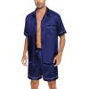 imageSWOMOG Men Silk Satin Pajamas Short Sleeve Pjs Set Button Down Sleepwear Soft Lounge Set Nightwear with PocketsNavy Blue