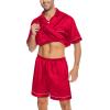 imageSWOMOG Men Silk Satin Pajamas Short Sleeve Pjs Set Button Down Sleepwear Soft Lounge Set Nightwear with PocketsRed