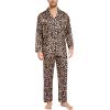 imageSWOMOG Mens Silk Satin Pajamas Set Long Sleeve Sleepwear ButtonDown Pj Twopiece Loungewear with Long Pants SXXLLeopard