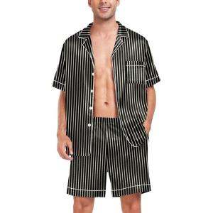 imageSWOMOG Men Satin Silk Pajamas Sets Short Sleeve Sleepwear ButtonDown PJs Sets TwoPieces Loungewear with PocketsBlack Stripe Gold