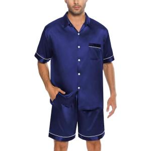 imageSWOMOG Men Silk Satin Pajamas Short Sleeve Pjs Set Button Down Sleepwear Soft Lounge Set Nightwear with PocketsNavy Blue