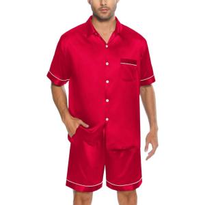 imageSWOMOG Men Silk Satin Pajamas Short Sleeve Pjs Set Button Down Sleepwear Soft Lounge Set Nightwear with PocketsRed