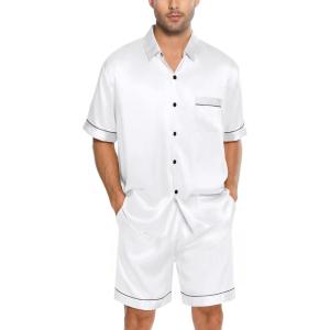 imageSWOMOG Men Silk Satin Pajamas Short Sleeve Pjs Set Button Down Sleepwear Soft Lounge Set Nightwear with PocketsWhite