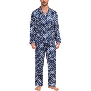imageSWOMOG Mens Silk Satin Pajamas Set Long Sleeve Sleepwear ButtonDown Pj Twopiece Loungewear with Long Pants SXXLNavy Blue Flower