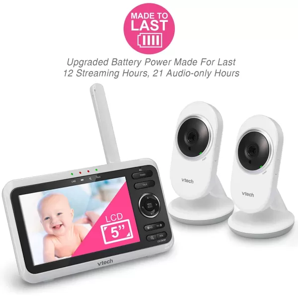 Newly Upgraded VTech VM3502 Video Monitor with Battery supports 12hr Videomode 21hr Audiomode 5 Screen 2 Cameras 1000ft Long Range Bright Night Vision 2WayTalk AutoonScreen Lullabies2 Camera