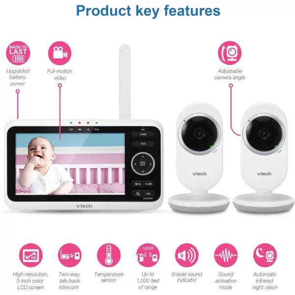 Newly Upgraded VTech VM3502 Video Monitor with Battery supports 12hr Videomode 21hr Audiomode 5 Screen 2 Cameras 1000ft Long Range Bright Night Vision 2WayTalk AutoonScreen Lullabies2 Camera