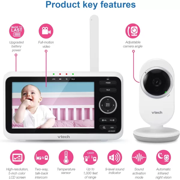 Newly Upgraded VTech VM3502 Video Monitor with Battery supports 12hr Videomode 21hr Audiomode 5 Screen 2 Cameras 1000ft Long Range Bright Night Vision 2WayTalk AutoonScreen Lullabies1 Camera