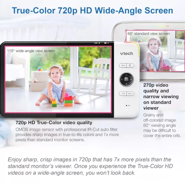 Upgraded VTech VM919HD Video Monitor with Battery Support 15hr Video Streaming 7 720p HD Display360 Panoramic Viewing 110 WideAngle ViewHD Night VisionUp to 1000ft RangeSecured Transmission1 Camera 7 Inch LCD Screen