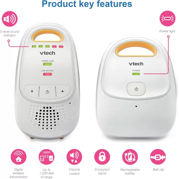 VTech DM111 Upgraded Audio Baby Monitor 1 Parent Unit with Rechargeable Battery BestinClass Long Range Digital Wireless Transmission CrystalClear Sound Plug amp Play Sound Indicator amp AlertsAudio Monitor with 1 Parent Unit