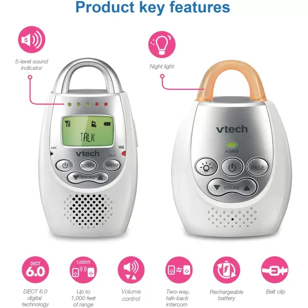 VTech DM221 Audio Baby Monitor with up to 1000 ft of Range Vibrating SoundAlert Talk Back Intercom amp Night Light Loop WhiteSilverMonitor with One Parent Unit