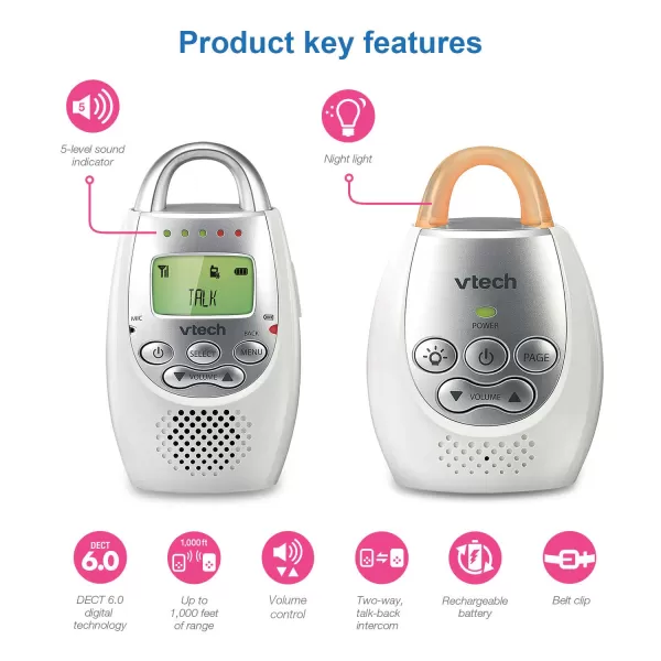 VTech DM2212 Audio Baby Monitor with up to 1000 ft of Range Vibrating SoundAlert Talk Back Intercom Night Light Loop amp Two Parent Units White1 Count Pack of 1 White