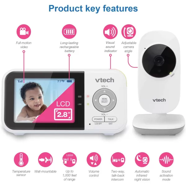 VTech VM8192 Video Baby Monitor with 19Hour Battery Life 2 Cameras 1000ft Long Range Auto Night Vision 28 Screen 2Way Audio Talk Temperature Sensor Power Saving Mode and Lullabies 480p1 camera