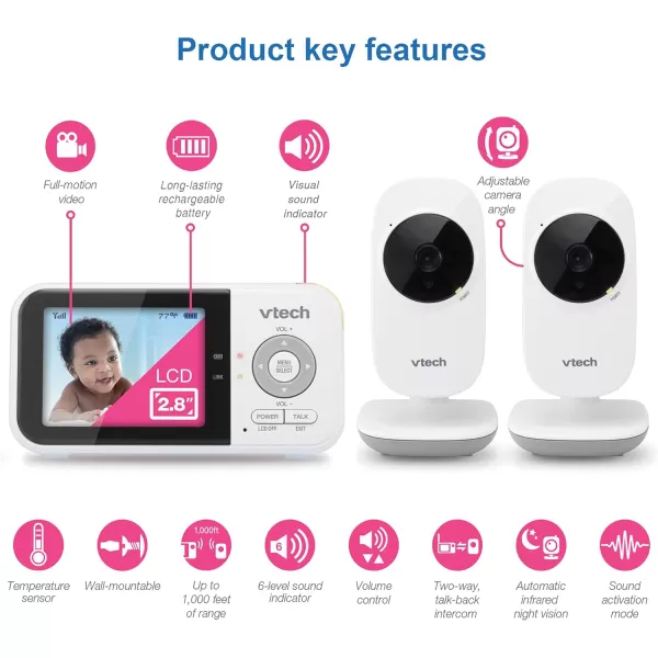 VTech VM8192 Video Baby Monitor with 19Hour Battery Life 2 Cameras 1000ft Long Range Auto Night Vision 28 Screen 2Way Audio Talk Temperature Sensor Power Saving Mode and Lullabies 480p2 camera