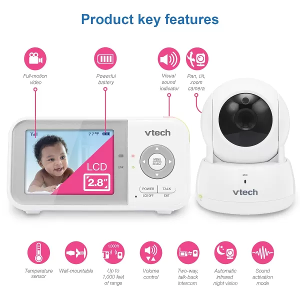 VTech VM923 Video Baby Monitor with 19Hour Battery Life 1000ft Long Range PanTiltZoom Enhanced Night Vision 28 Screen 2Way Audio Talk Temperature Sensor Power Saving Mode and Lullabies1 Camera