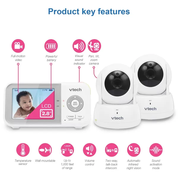 VTech VM923 Video Baby Monitor with 19Hour Battery Life 1000ft Long Range PanTiltZoom Enhanced Night Vision 28 Screen 2Way Audio Talk Temperature Sensor Power Saving Mode and Lullabies2 Cameras