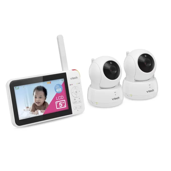 VTech VM9242 Remote PanTiltZoom 2cam Video Monitor 5 LCD Screen Up to 17 Hrs Video Streaming Night VisionUp to 1000ft RangeSoothing Sounds2Way Talk Temperature SensorSecured Transmission2 Cameras