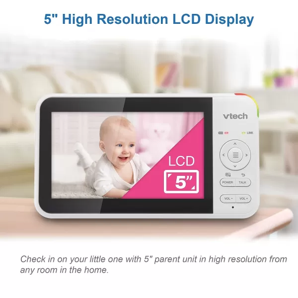 VTech VM9242 Remote PanTiltZoom 2cam Video Monitor 5 LCD Screen Up to 17 Hrs Video Streaming Night VisionUp to 1000ft RangeSoothing Sounds2Way Talk Temperature SensorSecured Transmission2 Cameras