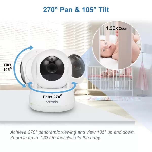 VTech VM9242 Remote PanTiltZoom 2cam Video Monitor 5 LCD Screen Up to 17 Hrs Video Streaming Night VisionUp to 1000ft RangeSoothing Sounds2Way Talk Temperature SensorSecured Transmission1 Camera