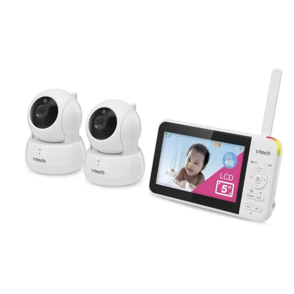 VTech VM9242 Remote PanTiltZoom 2cam Video Monitor 5 LCD Screen Up to 17 Hrs Video Streaming Night VisionUp to 1000ft RangeSoothing Sounds2Way Talk Temperature SensorSecured Transmission2 Cameras