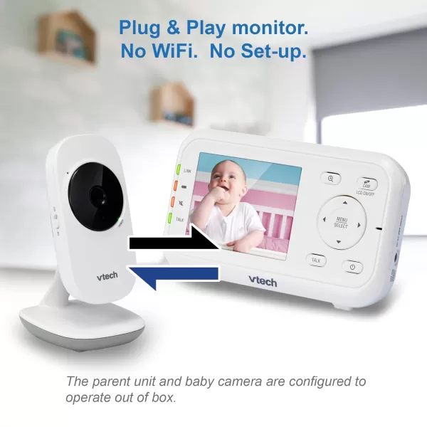 VTech Video Baby Monitor with 1000ft Long Range Auto Night Vision 28 Screen 2Way Audio Talk Temperature Sensor Power Saving Mode Lullabies and Wallmountable Camera with bracket White28 screen