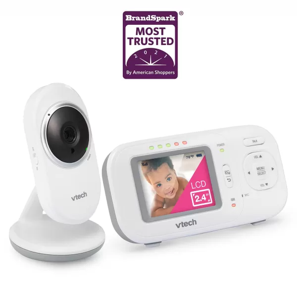 VTech Video Baby Monitor with 1000ft Long Range Auto Night Vision 28 Screen 2Way Audio Talk Temperature Sensor Power Saving Mode Lullabies and Wallmountable Camera with bracket White24 screen