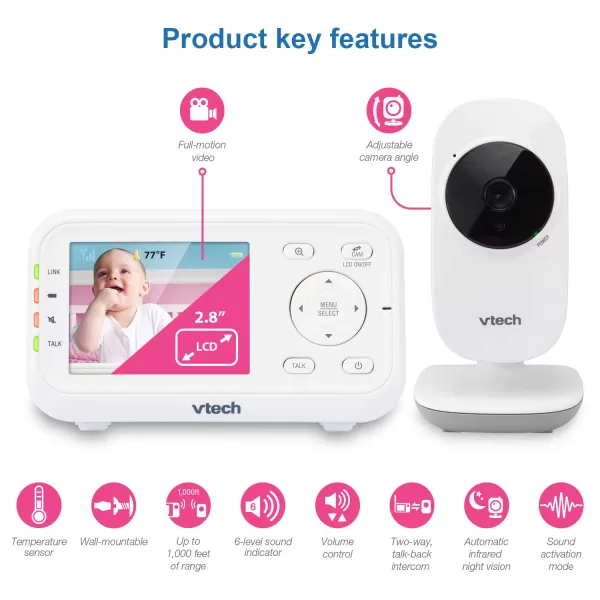 VTech Video Baby Monitor with 1000ft Long Range Auto Night Vision 28 Screen 2Way Audio Talk Temperature Sensor Power Saving Mode Lullabies and Wallmountable Camera with bracket White28 screen