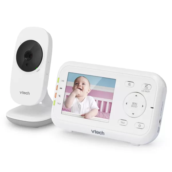 VTech Video Baby Monitor with 1000ft Long Range Auto Night Vision 28 Screen 2Way Audio Talk Temperature Sensor Power Saving Mode Lullabies and Wallmountable Camera with bracket White28 screen