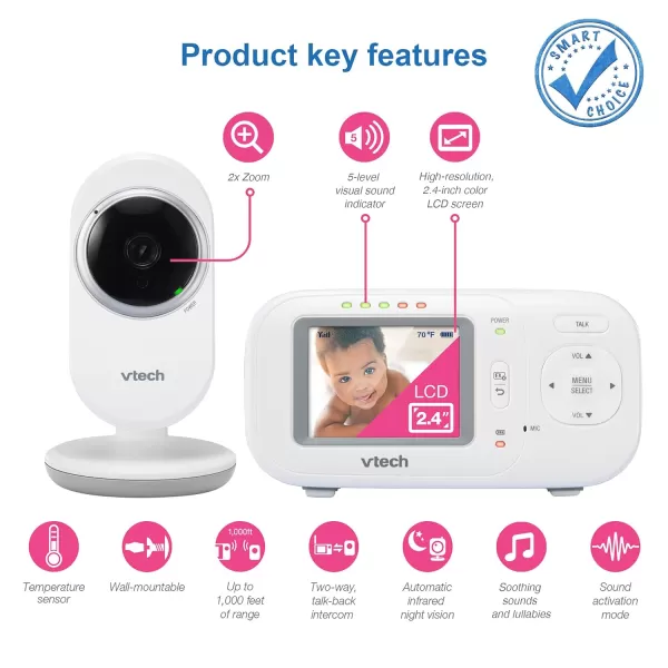 VTech Video Baby Monitor with 1000ft Long Range Auto Night Vision 28 Screen 2Way Audio Talk Temperature Sensor Power Saving Mode Lullabies and Wallmountable Camera with bracket White24 screen