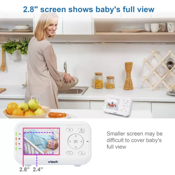 VTech Video Baby Monitor with 1000ft Long Range Auto Night Vision 28 Screen 2Way Audio Talk Temperature Sensor Power Saving Mode Lullabies and Wallmountable Camera with bracket White28 screen