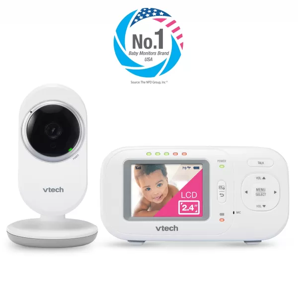 VTech Video Baby Monitor with 1000ft Long Range Auto Night Vision 28 Screen 2Way Audio Talk Temperature Sensor Power Saving Mode Lullabies and Wallmountable Camera with bracket White24 screen