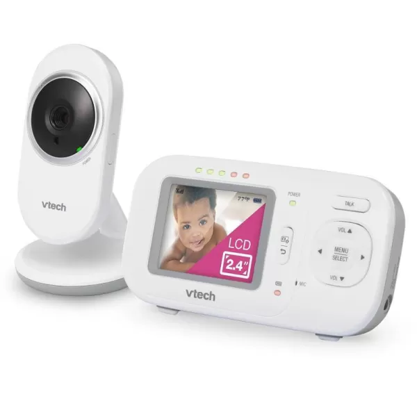 VTech Video Baby Monitor with 1000ft Long Range Auto Night Vision 28 Screen 2Way Audio Talk Temperature Sensor Power Saving Mode Lullabies and Wallmountable Camera with bracket White24 screen