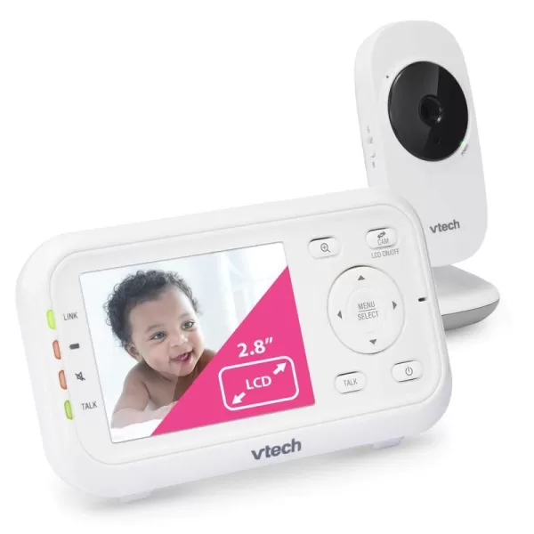 VTech Video Baby Monitor with 1000ft Long Range Auto Night Vision 28 Screen 2Way Audio Talk Temperature Sensor Power Saving Mode Lullabies and Wallmountable Camera with bracket White28 screen