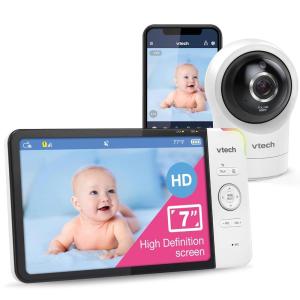 imageVTech Video Baby Monitor with 1000ft Long Range Auto Night Vision 28 Screen 2Way Audio Talk Temperature Sensor Power Saving Mode Lullabies and Wallmountable Camera with Bracket White7 Screen Wifi