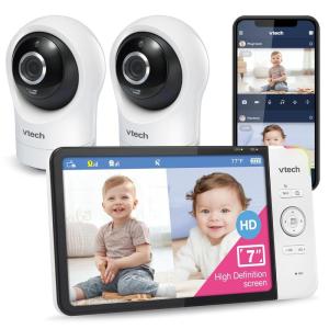 imageVTech Video Baby Monitor with 1000ft Long Range Auto Night Vision 28 Screen 2Way Audio Talk Temperature Sensor Power Saving Mode Lullabies and Wallmountable Camera with Bracket White7 Screen Wifi 2 Cam